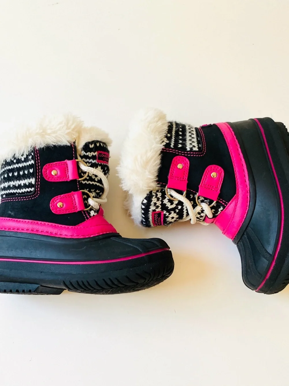 London Fog Lil Tottenham Girls Winter Snow Boots Black/Pink Faux Fur Toddler 7
